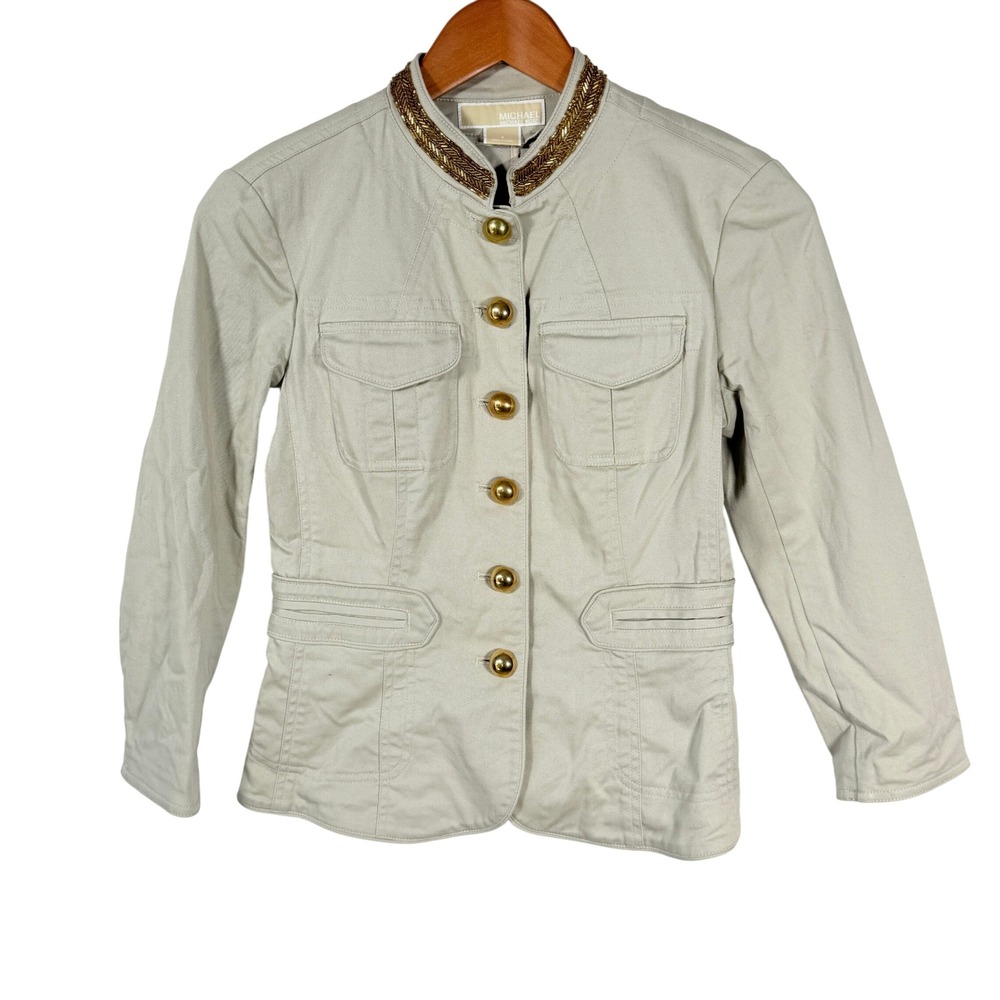 Michael Kors Women Military Napolean Band Jacket Beaded Collar Gold Buttons Sz 4